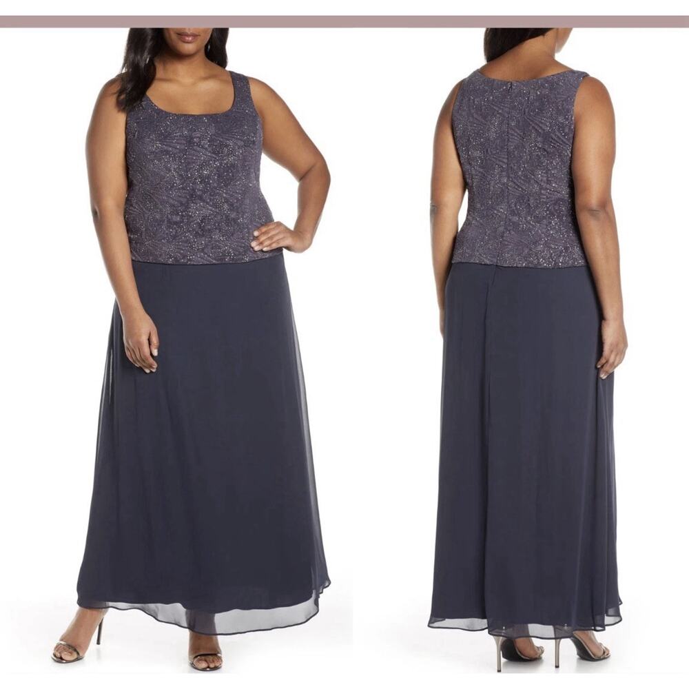 NWT‎ Alex Evenings [PLUS Sz 18] Mock Sparkly Top GownDress in Smoke Grey #S235